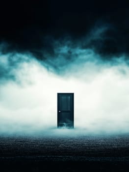 A solitary dark door stands amidst a swirling fog, evoking feelings of mystery and intrigue. The ethereal mist adds a surreal and enigmatic atmosphere to the scene.