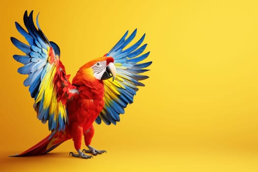 A colorful parrot is standing on a yellow background. The bird's wings are spread wide, and it looks ready to take flight. The bright colors of the parrot and the yellow background create a lively