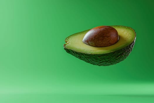A green avocado is sliced in half and is floating in the air. Concept of freshness and health, as avocados are known for their nutritious properties