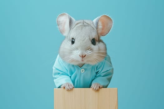 A small gray mouse is wearing a blue shirt and standing in front of a wooden box. Concept of curiosity and playfulness, as the mouse is dressed up and posing for the camera