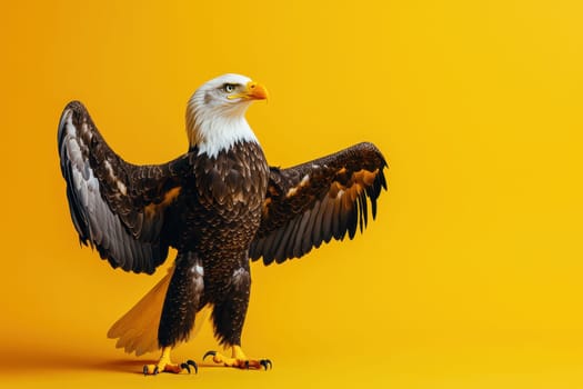 A large eagle stands on a yellow background with its wings spread out. The eagle is the main focus of the image, and its posture conveys a sense of strength and power