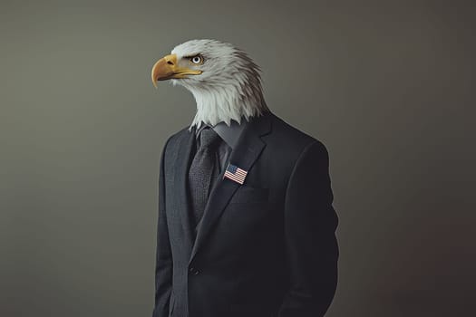 A bald eagle wearing a suit and tie with an American flag on his lapel. Concept of authority and power, as the eagle is dressed in a suit and tie, which are typically associated with business