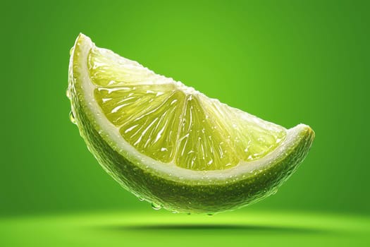 A lime slice is shown on a green background. The lime slice is cut in half, and the juice is dripping from it. Concept of freshness and vitality, as the lime is a symbol of health and wellness