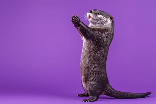 A small brown otter is standing on a purple background. The otter is looking up and he is in a playful mood