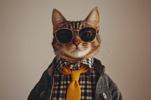A cat wearing sunglasses and a tie is posing for a picture. The cat's outfit is a mix of formal and casual elements, with a tie and sunglasses giving it a stylish and sophisticated look