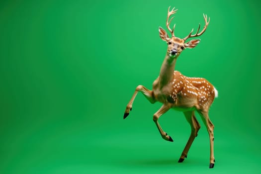 A deer is standing on its hind legs and looking at the camera. The image has a lively and energetic mood, as the deer appears to be in motion and ready to jump