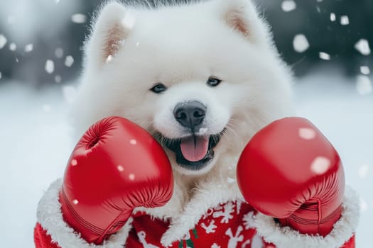 A white dog wearing boxing gloves and a red jacket. The dog is smiling and he is happy