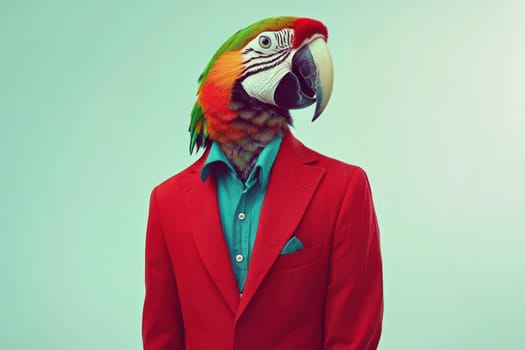 A man is wearing a red suit and a green and red parrot head. The parrot is wearing a blue shirt and a tie. The image has a playful and whimsical mood, as it is a creative