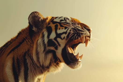 A tiger is shown with its mouth open, showing its teeth. The tiger is in a wild setting, and the image conveys a sense of danger and power