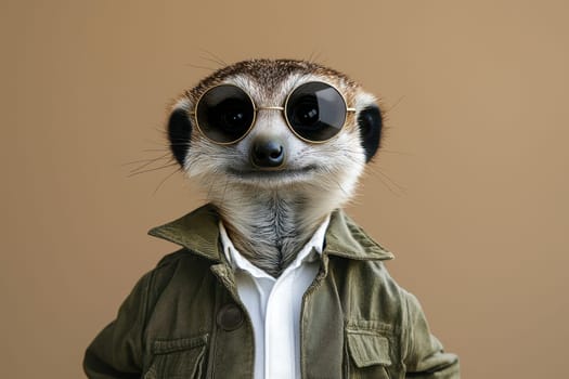 A small animal wearing sunglasses and a green jacket. The animal is smiling and he is posing for a photo