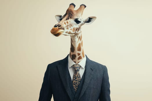 A giraffe wearing a suit and tie. The giraffe is wearing a suit and tie, and it looks like it is posing for a photo. The image has a playful and whimsical mood