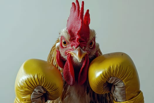A chicken wearing boxing gloves and a yellow helmet. The chicken is angry and ready to fight