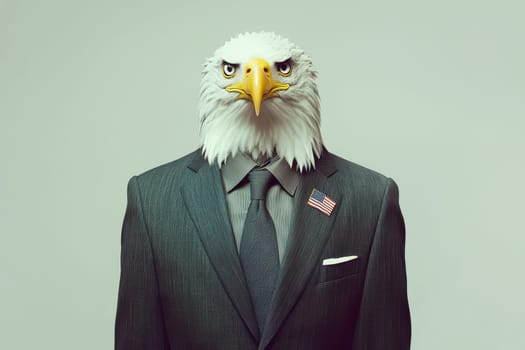 A bald eagle wearing a suit and tie with a red, white, and blue American flag on his chest