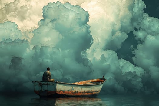 A man is sitting in a small boat in the middle of a large body of water. The sky is cloudy and the water is calm