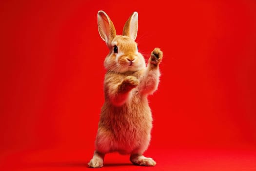A rabbit is standing on a red background and it is playing. The rabbit is brown and has a playful expression on its face