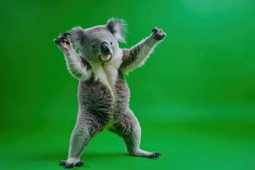 A koala is standing on a green background and appears to be happy. The koala is making a funny face and has its arms raised in the air