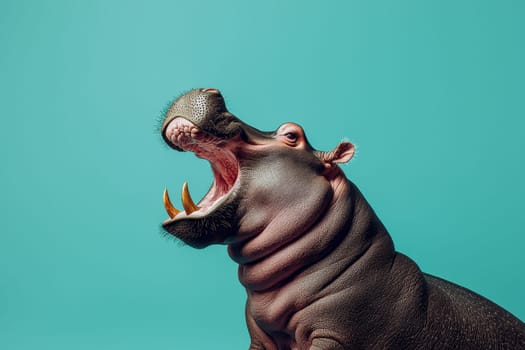 A hippo is shown with its mouth wide open, making it look like it's screaming. The image has a playful and humorous mood, as the hippo's exaggerated expression