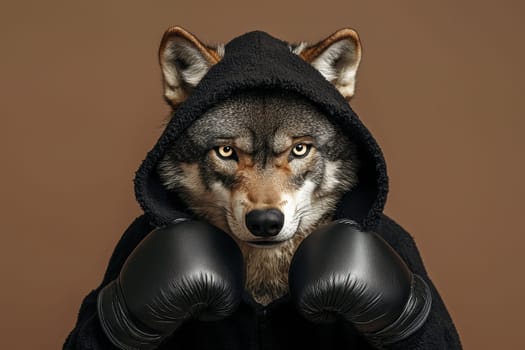 A wolf wearing a black hoodie and boxing gloves. The wolf has a fierce look on its face