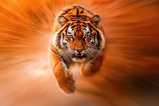 A tiger is running through the air with its mouth open. The tiger is orange and black, and its eyes are wide open. The image has a sense of motion and energy