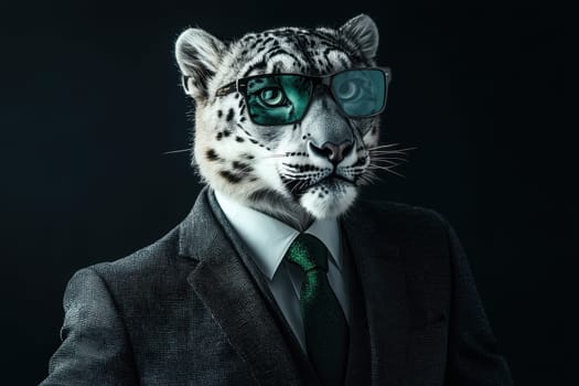 A tiger wearing a suit and glasses. The tiger is wearing a green tie