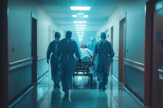 A man in a hospital bed is being carried by two nurses. The scene is dark and gloomy, with the lights on and the hallway illuminated. Scene is somber and serious
