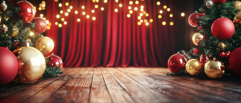 A red curtain with a backdrop of Christmas trees and a red carpet. The scene is set for a Christmas performance