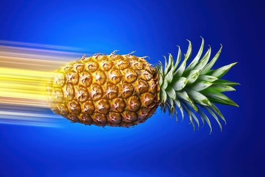 A pineapple is shown in a blue sky with a yellow streak. The pineapple is flying through the air, and the yellow streak is the sun. Scene is bright and cheerful