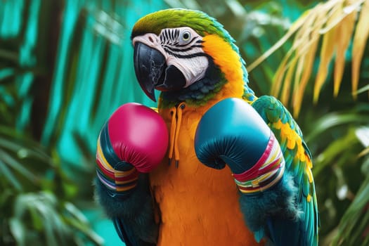 A colorful parrot wearing boxing gloves and a pink glove. The parrot is standing in a lush green jungle