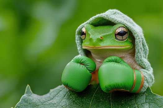A green frog is wearing boxing gloves and standing on a leaf. The frog appears to be in a boxing match, with its eyes looking up at the camera