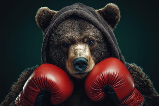 A bear wearing boxing gloves and a hoodie. The bear is looking at the camera with a fierce expression