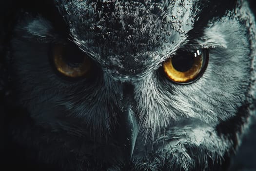 A close up of an owl's face with yellow eyes. The owl's eyes are open and staring at the camera. The image has a dark and moody atmosphere, with the owl's eyes being the focal point of the scene