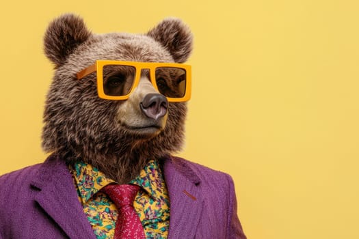 A bear wearing sunglasses and a purple suit. The bear is smiling and looking at the camera. The image has a playful and lighthearted mood
