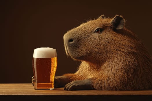 A cute brown animal is sitting on a table with a glass of beer. The animal has a big smile on its face, and the beer glass is almost empty. The scene is lighthearted and fun