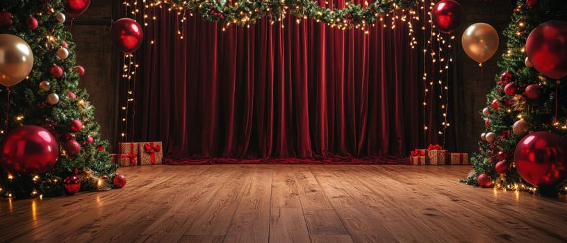 A red curtain hangs in front of a stage with a red backdrop. The curtain is decorated with red and gold balls. The stage is empty, but the red curtain and backdrop create a festive atmosphere