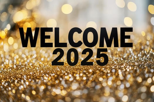 welcome 2025 text isolated on a glowing gold glitter background, symbolizing New Year celebrations and holiday cheer for welcoming 2025..