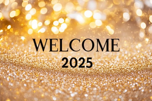 welcome 2025 text isolated on a glowing gold glitter background, symbolizing New Year celebrations and holiday cheer for welcoming 2025..