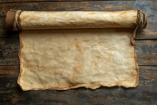 Antique Scroll on Wooden Table, Vintage Paper with Ornate Design, Rustic Background.
