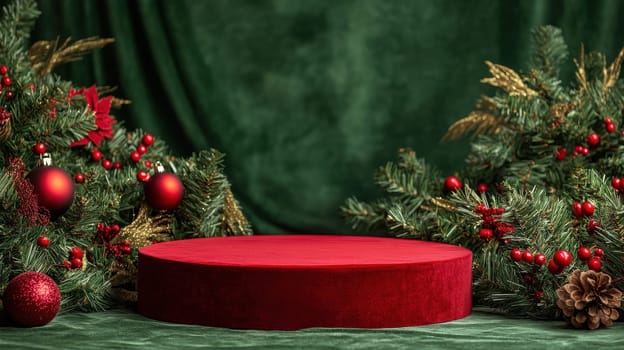 Empty red podium for product photography. Shiny blurred background with bokeh, baubles, decorated Christmas tree and spruce branches. Mockup pedestal on a table..