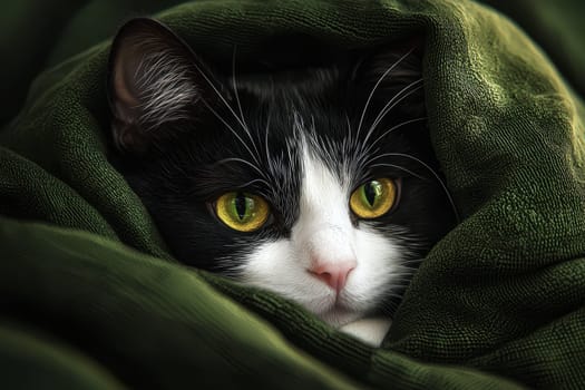 Cute tabby cat hiding under blanket looking at camera, cozy and peaceful atmosphere concept. ai generative.