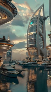 The hightech marina features yachts and futuristic skyscrapers with a scenic sunset