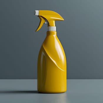 A vibrant electric blue spray bottle is placed on a wooden table, serving as an artistic artifact in the room