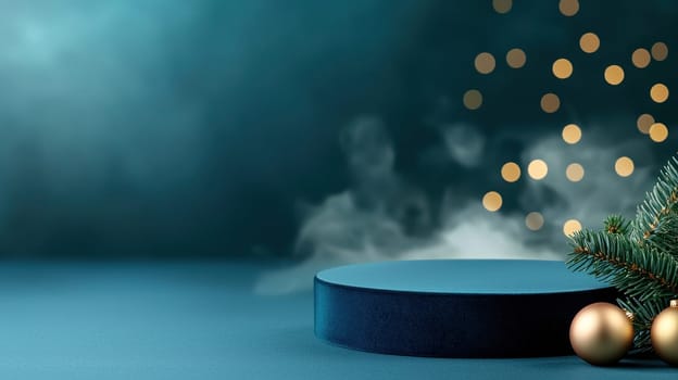 soft blue velvet podium with Christmas decorations and bokeh lights.