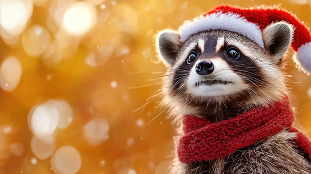 cute raccoon wearing Santa hat and red scarf, spreading holiday cheer.
