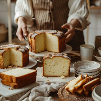 A person is slicing a loaf of bread on a table to prepare a dish with Gruyre cheese and Grana Padano, using ingredients for a delicious recipe in the cuisine of cheesemaking