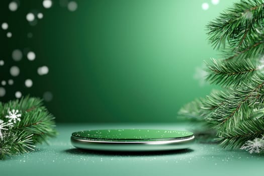 festive green podium surrounded by pine branches and snowflakes.