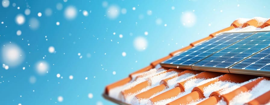 Modern solar panels on snowy roof, capturing sunlight efficiently.