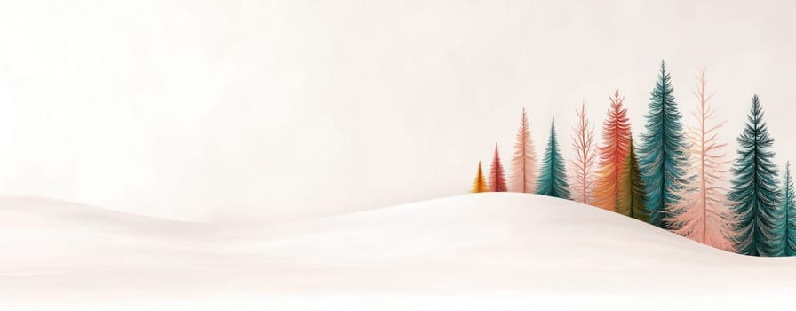 Winter landscape with colorful trees and soft snow, evoking tranquility.