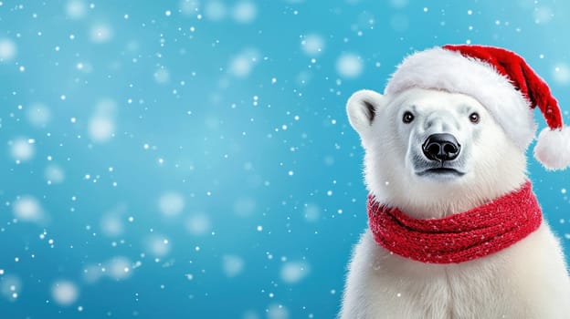 cute polar bear wearing Santa hat and red scarf in winter snow.