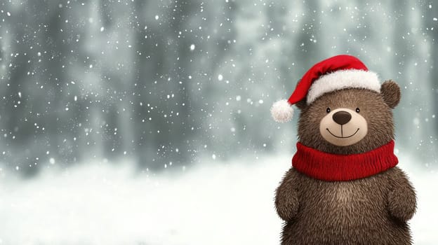 cute bear wearing Santa hat and red scarf in snowy landscape.