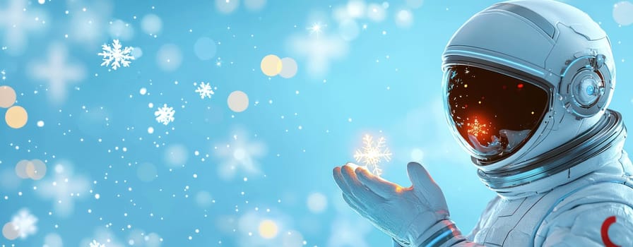 Astronaut holding snowflakes in dreamy winter scene, evoking wonder.